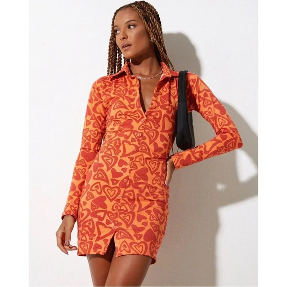 Motel Rocks Avaya Button Up Mini Dress in Retro Heart Orange - Picture 1 of 8